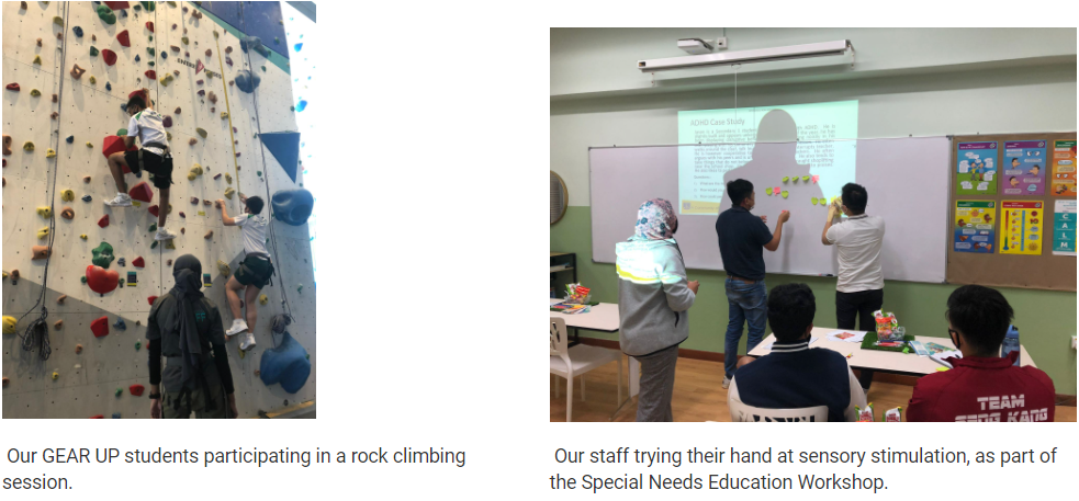 Two photos: students climbing a colorful rock wall, and staff posting notes on a whiteboard during a Special Needs Education Workshop.